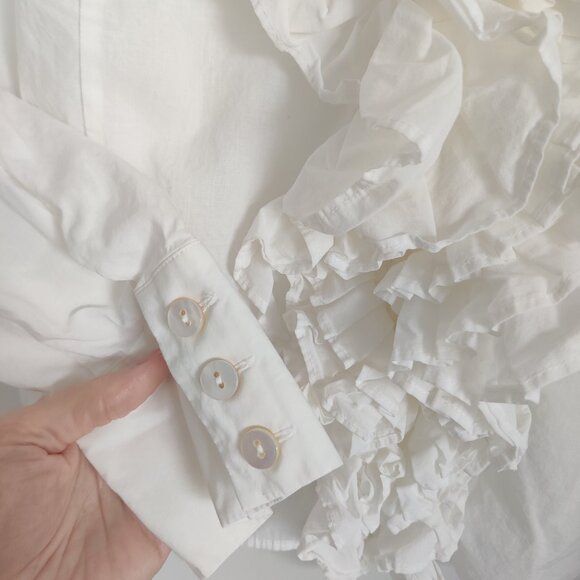 Ruffled White Cotton Lightweight Blouse w/ Mother of Pearl Buttons L/XL - Picture 4 of 5